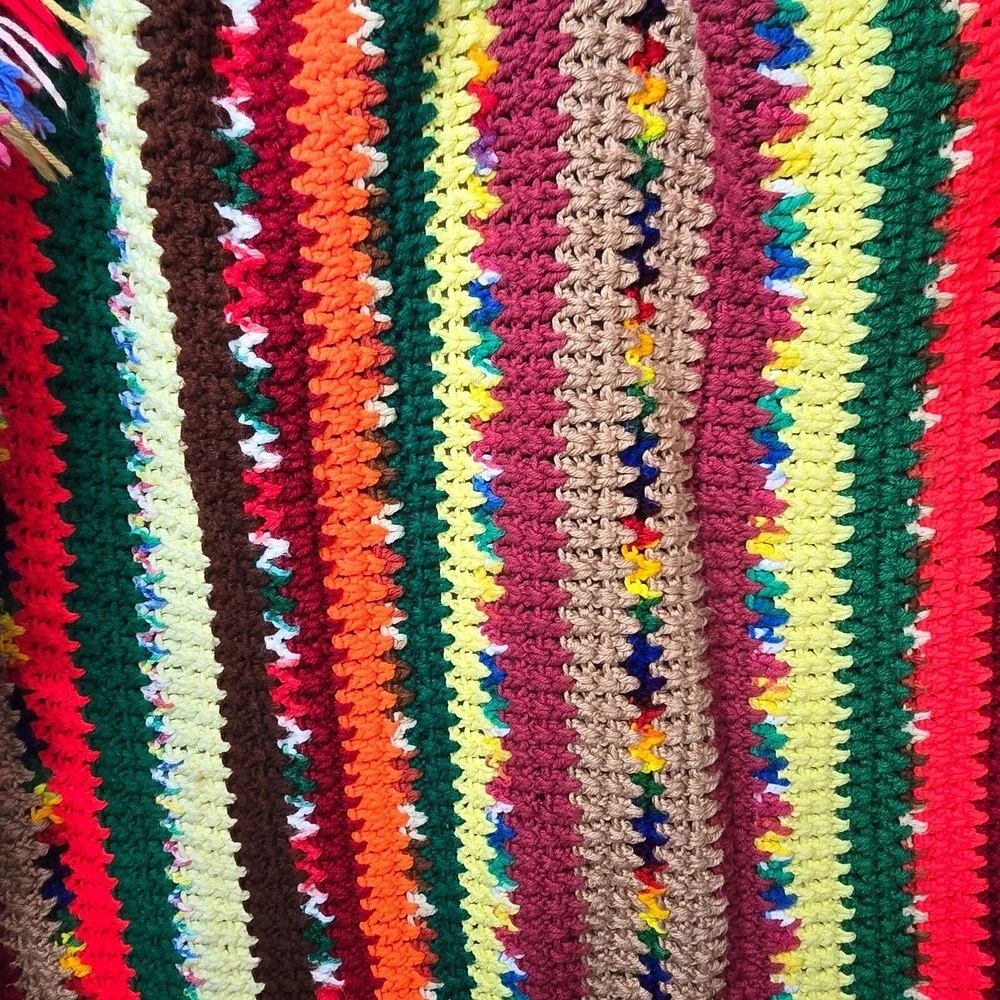 Vintage Handmade Crochet Afghan Striped Blanket Scrapbuster Throw Retro 70s‎